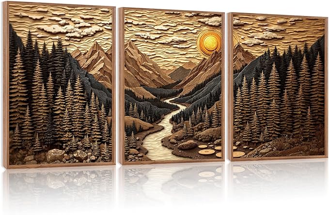 HPINUB Abstract Landscape Mountain Canvas Wall Art Set, Vibrant Sun Forest Pine Tree Wall Decor, Wilderness Nature River Rustic Scenery Art Print for Living Room,Bedroom,Office(Set of 3,12X16 Inch)