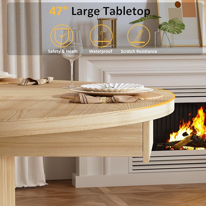 HUAHUU 47.2" Round Dining Table for 4-6, Modern Kitchen Table with 4 Drawers and 2-Tier Storage Shelf, Wooden Circle Dining Tables with Fluted Base & Sliding Door for Home Kitchen Living Room, Natural