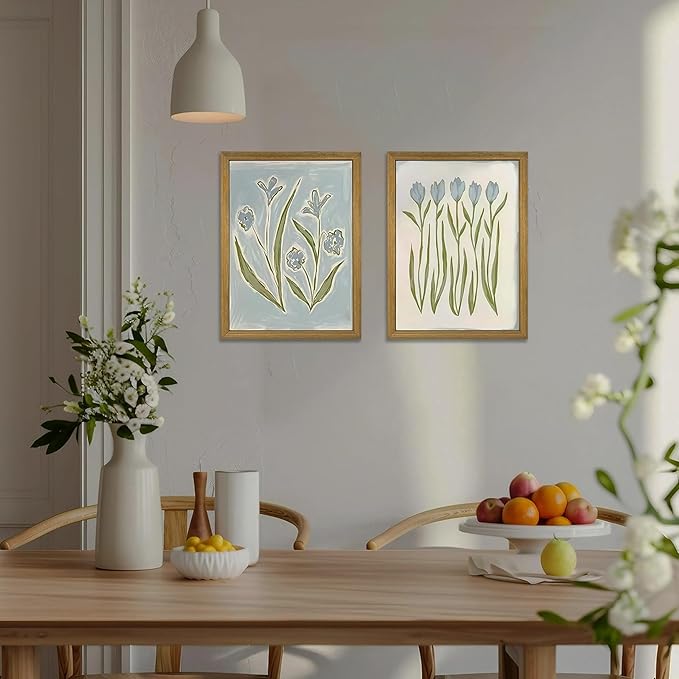Blue Tulip Flower Wall Art Set of 2, Watercolor Floral Preppy Canvas Poster Prints, Modern Botanical Painting Aesthetic Picture for Living Room Bedroom Bathroom Apartment Wall Decor 16x24 Inch Framed