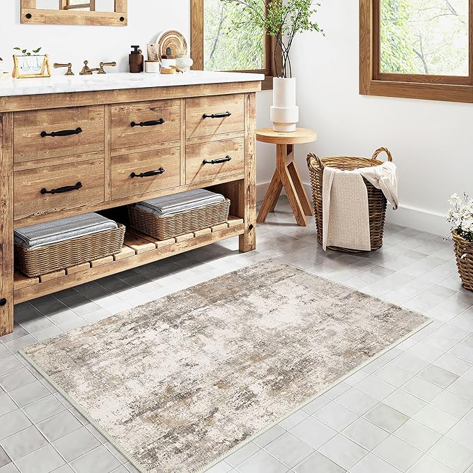2x3 Washable Area Rug Brown Grey Abstract Non Slip Soft Low Pile Small Rug for Entryway Kitchen Bathroom Neutral Modern Throw Carpet for Living Room Bedroom Home Decor