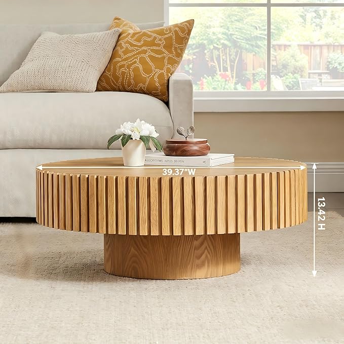 KEVINSPACE Round Coffee Table, 39" Big Wooden Fluted Coffee Table with Fluted Base, Circle Accent Center Table for Living Room Apartment Office Small Space, Easy Assembly, Wood
