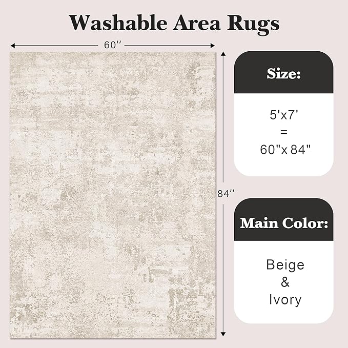 Art&Tuft Washable Rugs 5x7, Anti-Slip Backing Abstract 5x7 Area Rug, Stain Resistant Rugs for Living Room, Foldable Machine Washable Area Rug (5'x7', Beige)