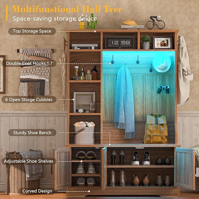 CSZZD Hall Tree with Bench and Shoe Storage, Farmhouse Entryway Bench with Coat Racks and Led Lights, Tall Hall Tree with 7 Coat Hooks, 6 Storage Cubbies, Adjustable Shelf
