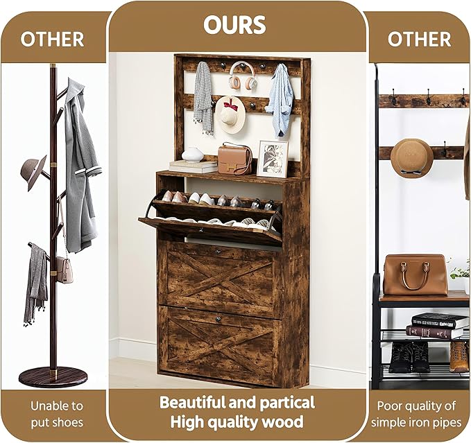 HOPUBUY Tall Shoe Cabinet with 3 Flip Drawers, Farmhouse Hidden Shoe Storage Cabinet with Rack, Slim Narrow Freestanding Shoe Storage Organizer for Entryway, Hallway & Living Room,Rustic Brown