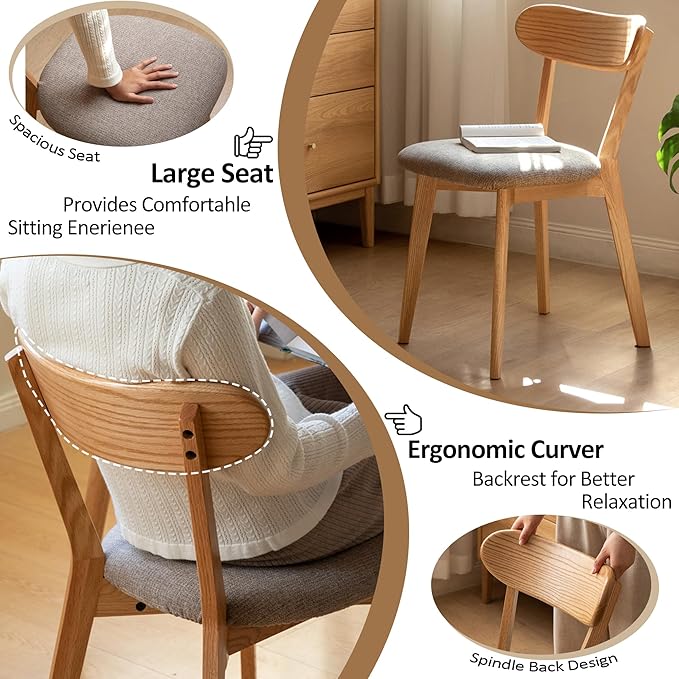 Modern Solid Wood Dining Chair Set of 6, Kitchen Dining Room Chair with Upholstered Cushion and Seat Cover, Curved Backrest, 100% FAS Grade North America Oak Wood