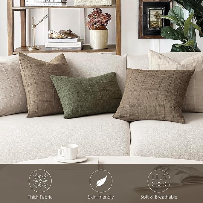 Foindtower Set of 2 Decorative Linen Check Throw Pillow Covers Neutral Farmhouse Lumbar Cushion Covers Modern Boho Home Decor for Sofa Chair Couch Bedroom Living Room,12×24 Inch,Light Brown