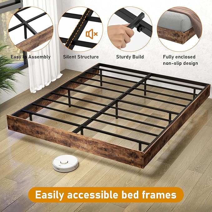 Floating Bed Frame Queen with LED Lights, Metal Platform Queen size Floating Bed Frame with Under Bed Storage, Heavy Duty Steel Slats Support, No Box Spring Needed, Noise Free, Easy Assembly, Brown