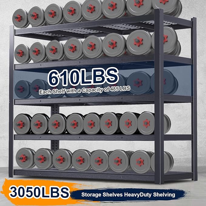 Heavy Duty Storage Shelves 62" W, Metal Shelving Rack, Garage Storage Shelf, Black Adjustable Shelving Unit for Garage, Basement, Warehouse, Workshop 3050 lbs,62" W x 24" D x72 H