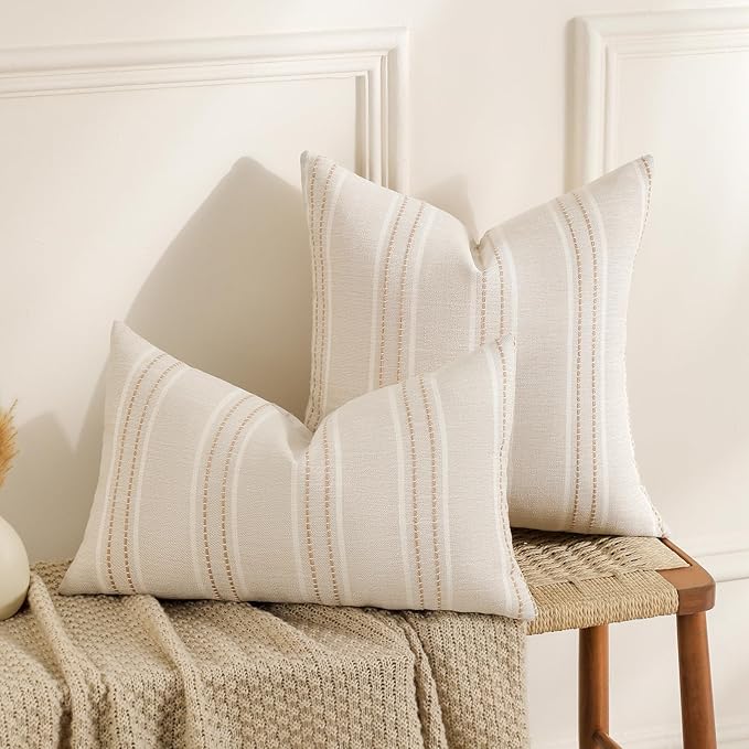 Hckot Hand Made Throw Pillow Covers 16x16 Set of 2 Striped Pillow Covers Linen Decorative Pillows Square Cushion Covers for Sofa Couch Bed Living Room Farmhouse Decor, Khaki