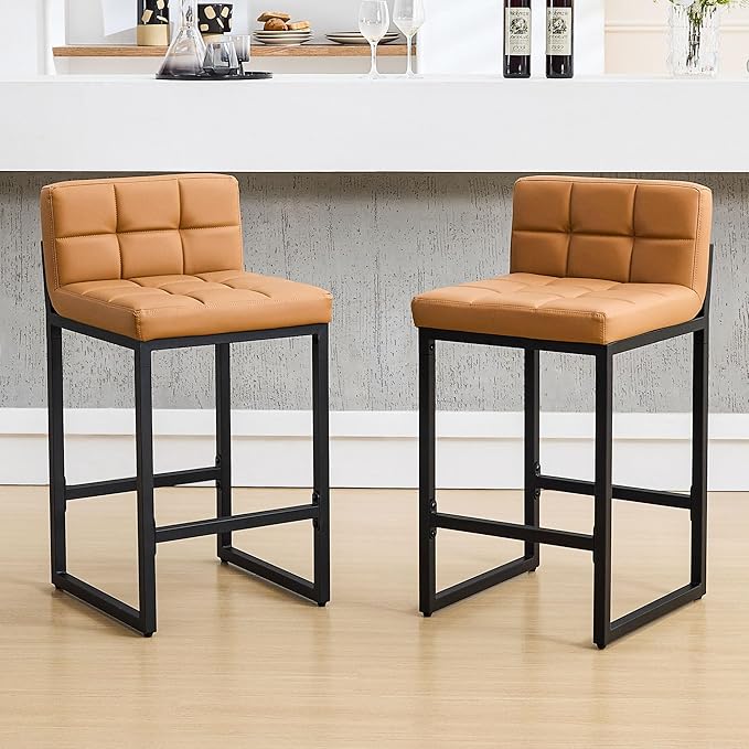 FIRAVOE Counter Height Bar Stools Set of 2, Modern Faux Leather Counter Stools with Low Back and Footrest, Upholstered Bar Chairs for Kitchen Island, Bar (Caramel Brown, 2Pcs 26" Counter Stools)