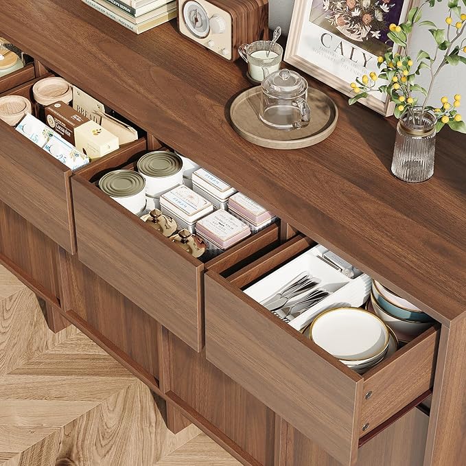CHUWELL 55" Sideboard Buffet Cabinet,Walnut Coffee Bar Cabinet with 4 Sliding Doors and 4 Drawers,Minimalist Linear Design & Handleless Design Sideboard for Living Room
