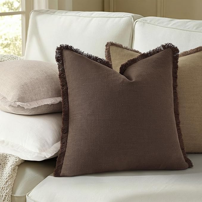decorUhome Summer Decorative Neutral Linen Fringe Throw Pillow Covers Set of 2 Black Pillow Covers with Tassels Soft Farmhouse Boho Accent Pillow Cases for Couch Bed Sofa 20x20 Inch