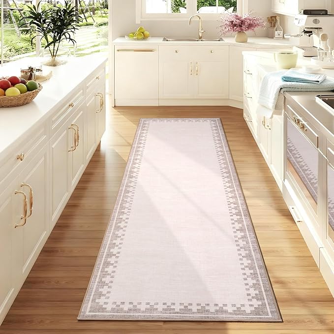 GarveeHome 2x6 Washable Entryway Hallway Runner Rug with Non Slip Back Cross Bordered Low Pile Living Room Bedroom Bathroom Carpet Modern Geometric Neutral Indoor Rugs, Light Camel/Seashell