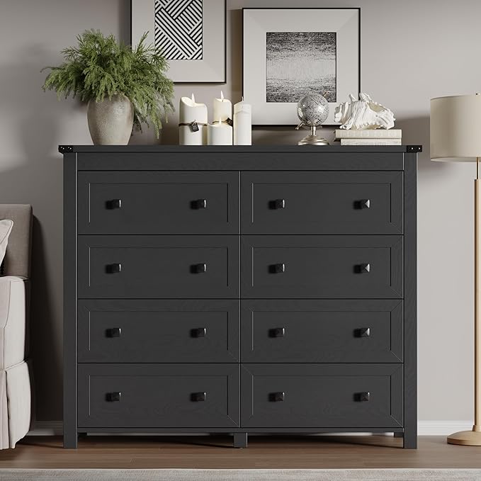 BORNOON Tall 8-Drawer Dresser, Modern Wooden Storage Chest of Drawers, Dresser TV Stand, Wood Drawer Organizer with Metal Handles for Bedroom, Living Room, Hallway