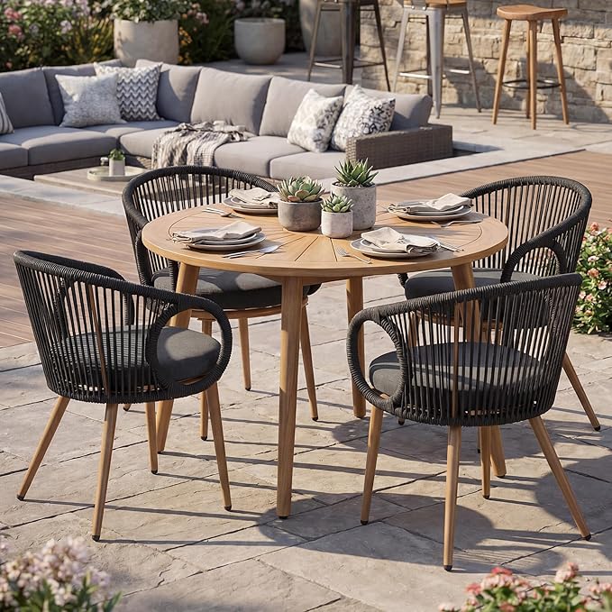 Modern Outdoor Dining Chair Set of 2 with Cushion, Scandinavian Rope Woven Patio Armchairs, Wood-Look Metal Frame, Weather-Resistant Balcony Backyard Dining Seating, Dark Grey