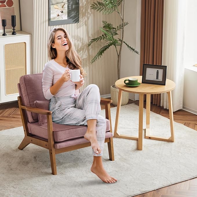 Karl home Accent Chair Wide Armrest Mid-Century Lounge Chair Linen Fabric Armchair with Lumbar Pillow & Solid Wood Frame for Living Room, Bedroom, Balcony, Pink