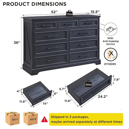 ACCOHOHO Farmhouse 9 Drawer Dresser for Bedroom, 36 Inch Tall Modern Dresser TV Stand with Large Drawers & Bar Handles, Rustic Wood Chest of Drawers for Bedroom, Living Room, Hallway, Black