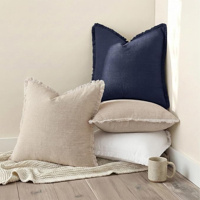 decorUhome Summer Decorative Neutral Linen Fringe Euro Sham Throw Pillow Covers Set of 2 Navy Blue Pillow Covers with Tassels Soft Farmhouse Boho Accent Pillow Cases for Couch Bed Sofa 26x26 Inch