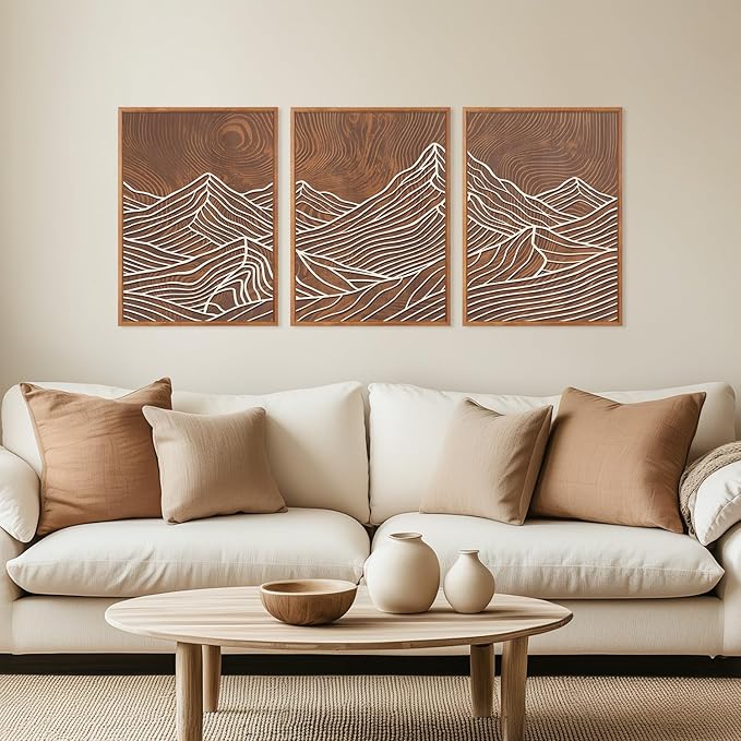 HPINUB Line Style Mountain Framed Canvas Wall Art, Vintage Tree Rings Wall Decor, Abstract Tree Spiral Wall Painting, Modern Nature Art Prints for Living Room,Bedroom,Farmhouse(Set of 3,12X16 Inch)