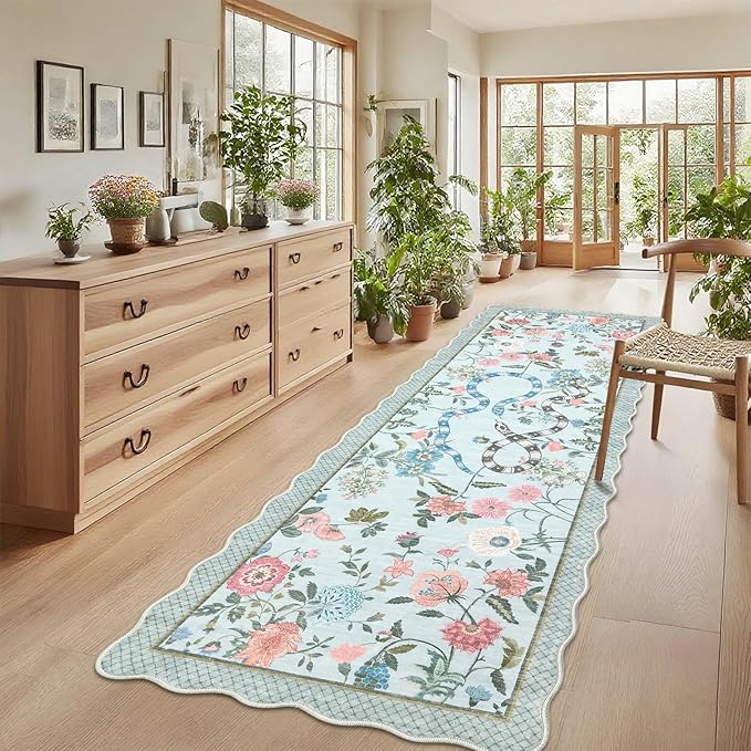 Garvee Washable Runner Snake Scalloped Rug 2x6 Runner Rugs for Hallway, Non-Slip Stain-Resistant Kitchen Runners, Soft Low Pile Non Shedding Carpet for Laundry Entryway Bedroom Bathroom,Blue