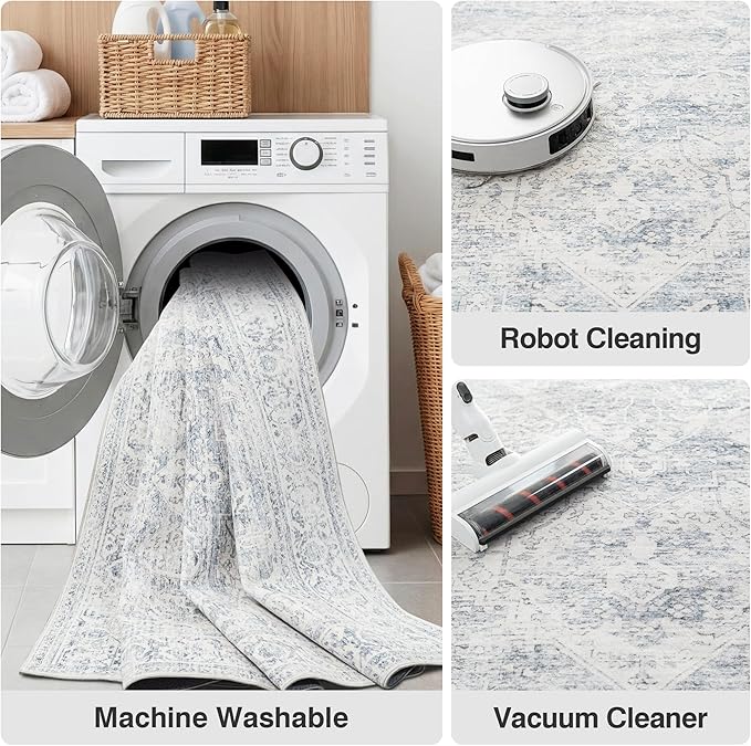 FMFUNCTEX 5x7 Washable Area Rug Blue Neutral Vintage Distressed Non Slip Low Pile Traditional Indoor Carpet for Living Room Bedroom Soft Retro Mat Throw Rug for Dining Office Kitchen Dorm Entryway