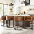26" H Counter Height Bar Stools Set of 4, Modern Barrel Counter Stools with Backrest and Arms, Faux Leather Upholstered Accent Barstools for Kitchen Island,Support 450 LBS (Walnut Brown