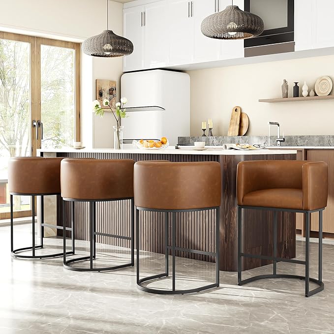 26" H Counter Height Bar Stools Set of 3, Modern Barrel Counter Stools with Backrest and Arms, Faux Leather Upholstered Accent Barstools for Kitchen Island,Support 450 LBS (Walnut Brown