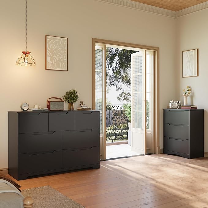 Gizoon 7 Drawer Dresser, 48" Wide Wood Chest of Drawers for Bedroom, Black Modern Storage Organizer, Handle Free Design, Living Room, Kids Room, Entryway, Hallway, Black