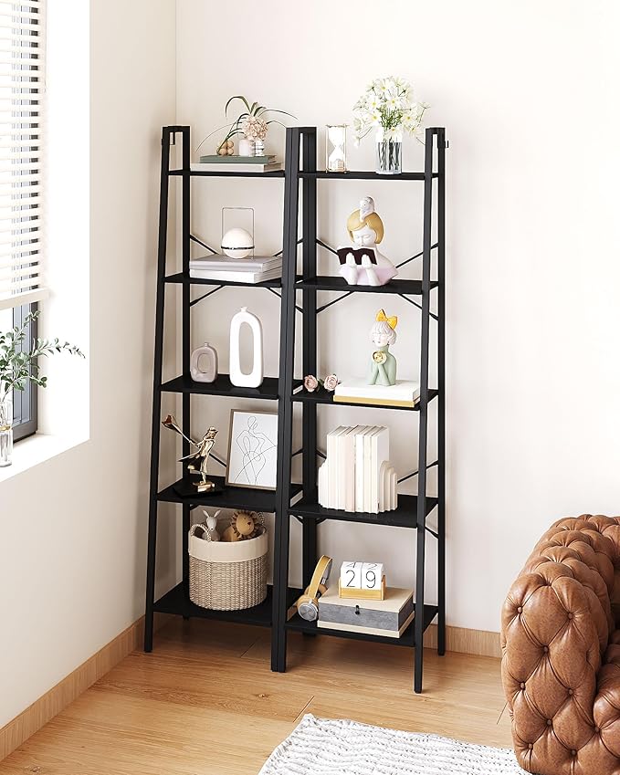 Hzuaneri Ladder Shelf, Bookshelf Bookcase, Freestanding Corner Storage Shelve with 2 Hooks for Home Office, Living Room, Kitchen, Bedroom, Industrial, 11.8" D x 17.3" W x 63" H, Black BC19204B