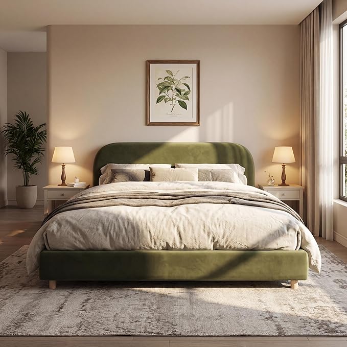 Merax Queen Size Velvet Fabric Upholstered Platform Bed with Curved Shaped Headboard, Wood Bed Frame with Solid Round Legs for Kids Teens Adults, Olive Green
