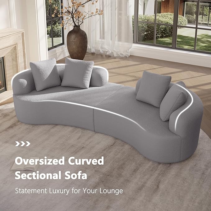106.7" Modern Curved Oversized Sectional Sofa, Minimalist Modular Cloud Couch with 4 Throw Pillows, Luxury 4-Seater Extra Deep & Wide Seat Sofa in Soft Teddy Fabric, Pearl Grey
