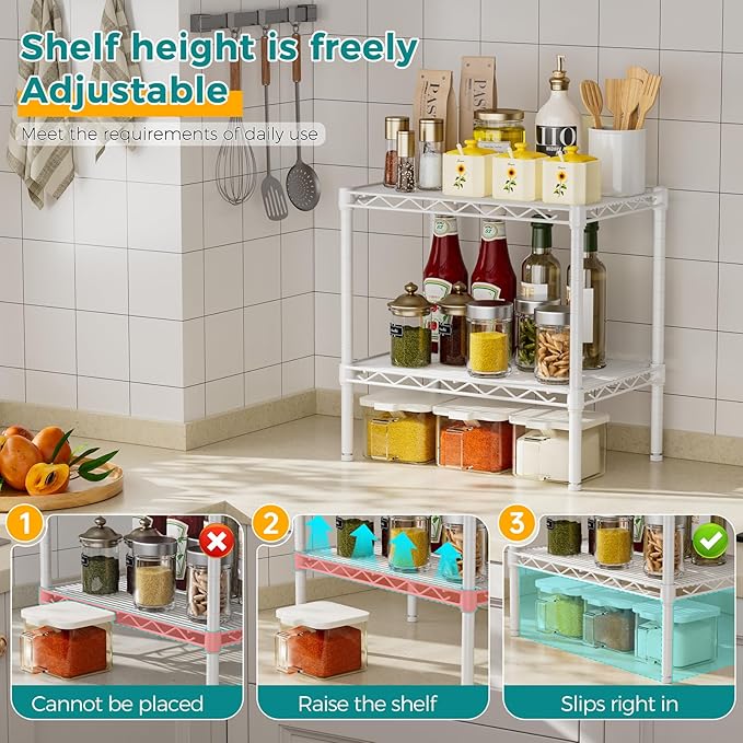 SINGAYE Bookshelf Shelves Bookcase Shelf: 2 Tier Small Shelving Unit Home Storage Organizer Wire Metal Adjustable Free Standing Display Shelf for Bedroom Living Room Office Pantry White