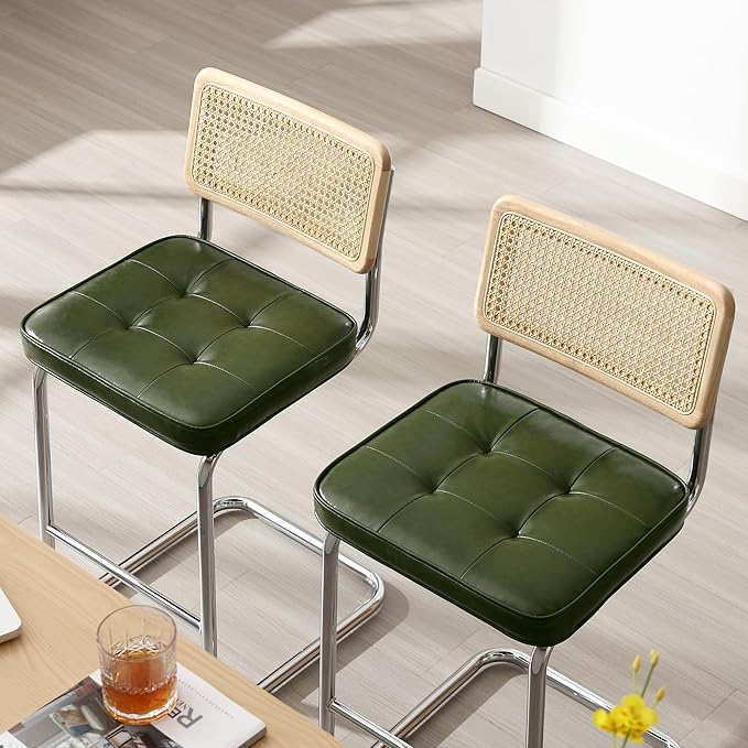 Zesthouse Rattan Counter Stools Set of 3, 26" Mid Century Modern Bar Stools with Natural Cane Mesh & Chrome Base, Green Faux Leather Counter Height Barstools, Boho Island Chairs for Kitchen Counter