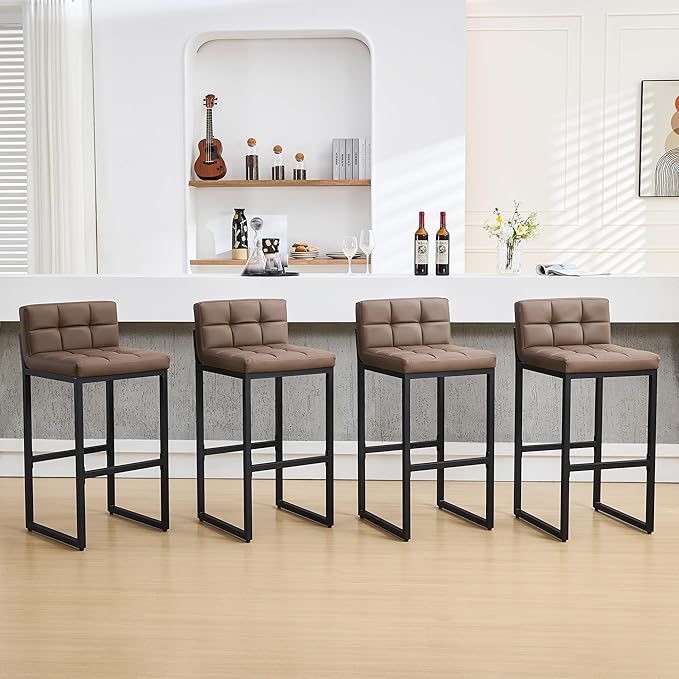 FIRAVOE Bar Height Stools Set of 4, Upholstered Barstools with Back and Thickened Metal Frame, Modern 30-inch Tall Bar Chairs for Kitchen Island, Bar, Counter (Coffee Brown, 4Pcs 30" Bar Stools)