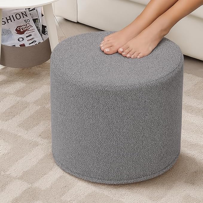 Grey Round Ottoman Foot Rest Stool – Modern Boucle Fabric Footstool with Soft Foam Filling, Lightweight Pouf for Living Room, Bedroom, Home Office – Neutral Grey