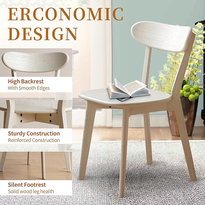 Modern Dining Chairs Set of 6, Solid Oak Wood Dining Chair with Comfortable Backrest, Sturdy Wooden Chairs for Kitchen, Dining Room, White