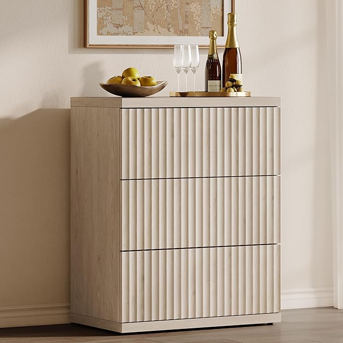 SICOTAS Modern Sideboard Buffet Cabinet, Fluted Credenza Storage Cabinet with 3 Larger Drawers, Mid Century Media Console Coffee Bar Table for Dining Room Hallway Kitchen, White Alder