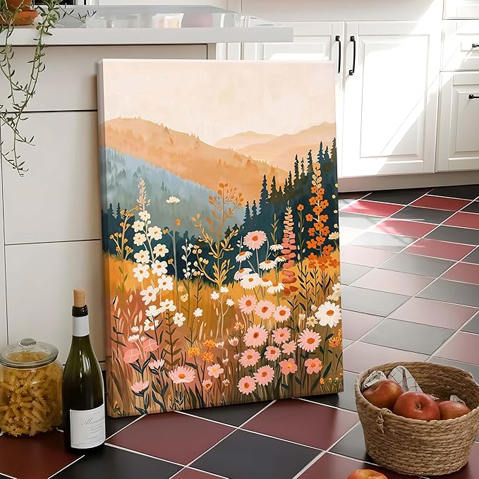 Framed Wildflower Mountain Landscape Wall Art Set of 3, Colorful Floral Wall Decor, Boho Sunset Landscape Canvas Artwork, Earth Tone Botanical Poster Prints for Living Room Bedroom 16x24 Inch