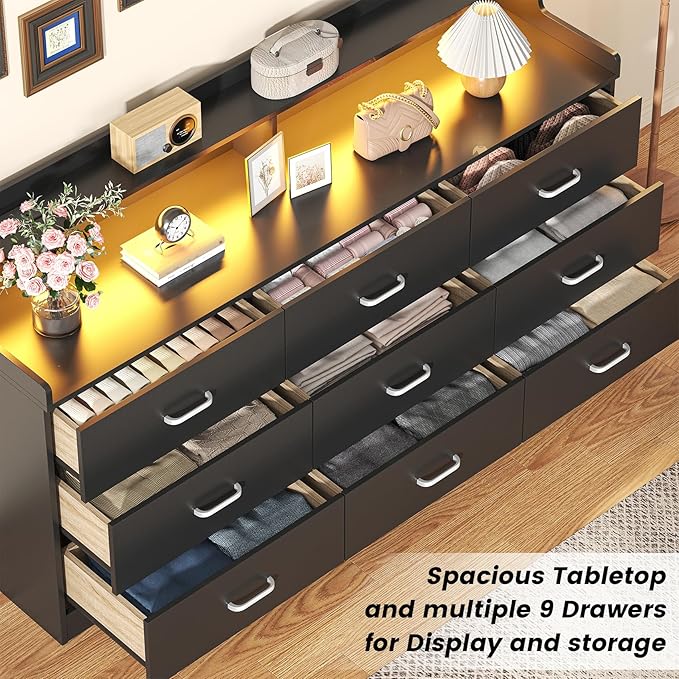 Bigbiglife 9 Drawer Dresser with Built in Power Outlet and LED Light, Modern Chest of Drawers for Bedroom, Triple Wide Drawer Organizer Cabinet for Living Room, Entryway, Hallway, Black