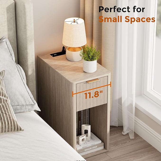 Homleke Narrow End Table with Fluted Drawer and Charging Station, Small Nightstand with USB Ports & Outlets, Bedside Table for Bedroom or Living Room, Modern Accent Table, Light Gray Birch