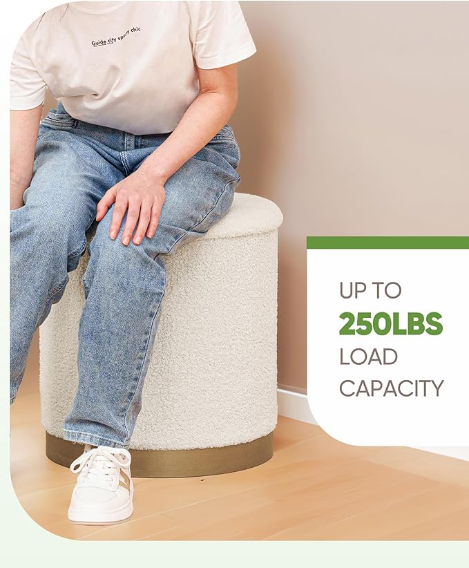 B FSOBEIIALEO Ottoman with Stroage, Round Boucle Storage Ottoman with Gold Plating Base,Foot Rest Stool for Dorm Room, Living Room White, 16.73"x16.73"x17.72"