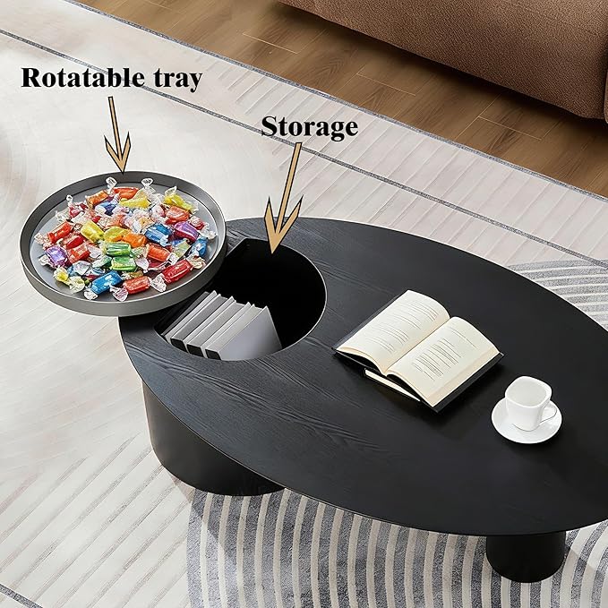 47.24” Oval Coffee Table, Modern Center Table with Storage & Removable Tray, Dinning Table, MDF Side Table for Living Room, Apartment, Small Space, Office.(Black)