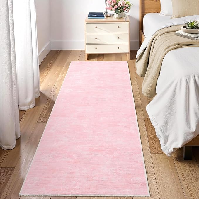 RUGSREAL 2x6 Runner Rug Washable Kitchen Runner Rug Modern Abstract Runner Mat for Hallway Contemporary Solid Rug Non-Slip Foldable Aesthetic Accent Floor Carpet for Living Room Bedroom, Pink