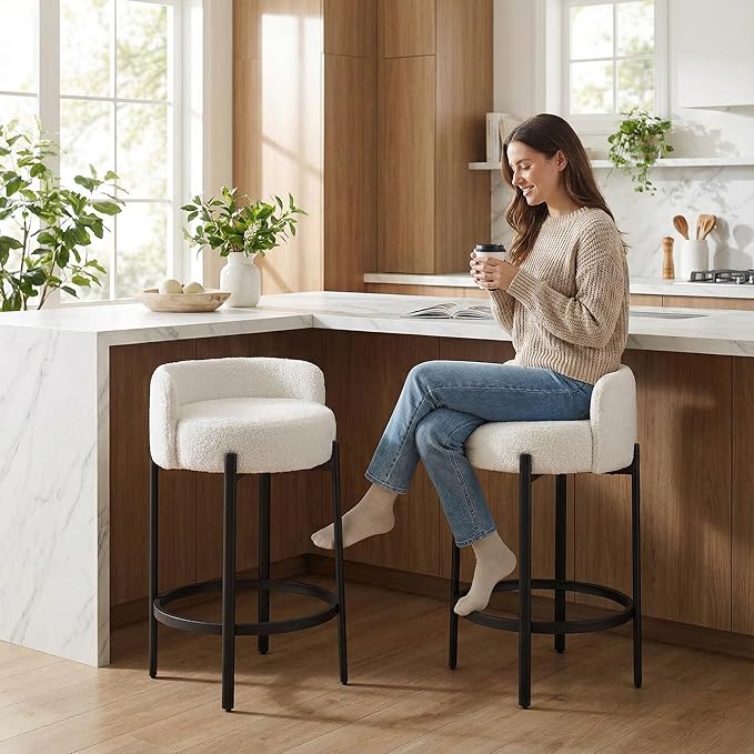 LukeAlon Modern Sherpa Counter Height Stools Set of 2, Upholstered 26" Seat Height Barstools with Black Metal Legs Round Low Back Kitchen Stools with Footrest for Dining Room Small Places, White