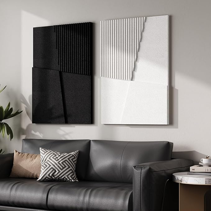 Large 3D Textured Black and White Abstract Wall Art for Living Room, 2 Piece Modern Geometric Paintings Artwork for Walls, Minimalist Balck White Pictures for Dining Bedroom Hallway Wall Decor 24x36 In
