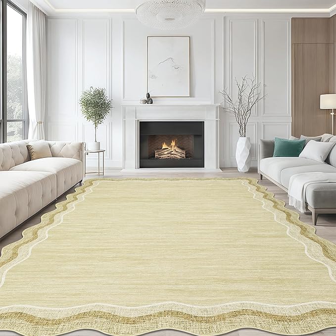 Garvee Scalloped 8x10 Rugs Washable Area Rugs for Living Room,Modern Stain Resistant Solid Rug for Bedroom, Scalloped Low Pile Non-Slip Neutral Rug for Farmhouse Dining Room Home Office Dorm,Beige