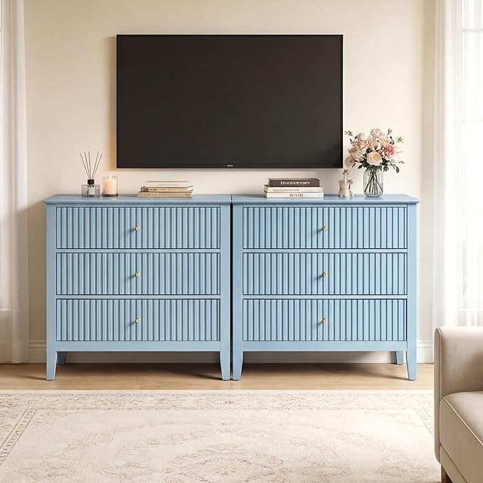 RoyalCraft 32" Large Nightstand, Fluted Painted Wood Bedside Table with 3 Spacious Drawers, Modern End Table for Bedroom, Living Room, Light Blue