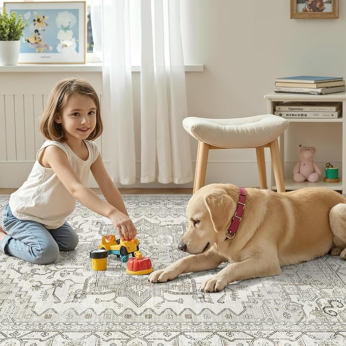 befbee Washable Area Rug 5x7, Area Rugs Stain Resistant Neutral Washable Rugs for Living Room Bedroom Vintage Non-Slip Thin Large Size Area Rug（Beige）