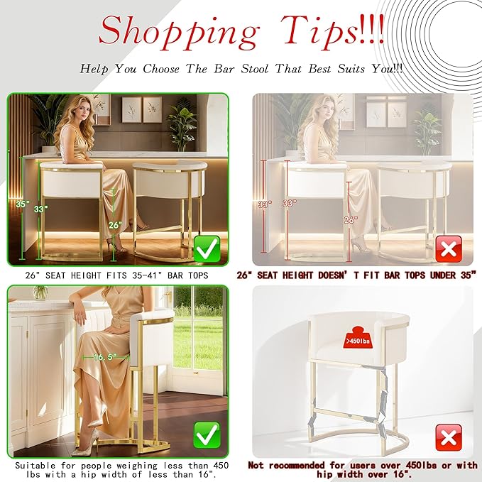 Modern Counter Height Bar Stools,Bar Stools Set of 2,Fabric Upholstered Barrel Barstools with Backs and Arms,26'' Kitchen Island Chairs,Mirror Champagne Gold Base/Beige White Linen