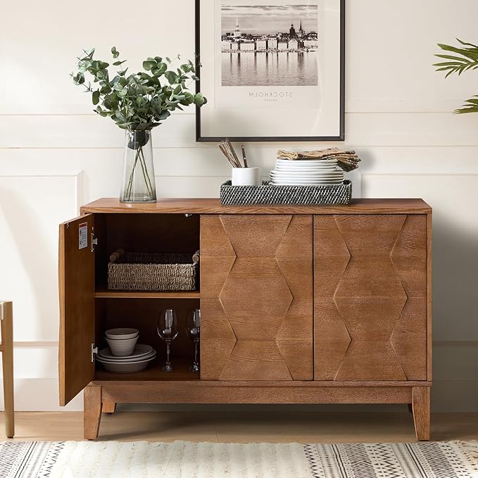 HULALA HOME Modern Kitchen Buffet Cabinet Storage Sideboard with 3D Geometric Design, Freestanding Floor Cabinet with 3 Doors & 2 Adjustable Interior Shelves for Living & Dining Room Hallway, Seadrift